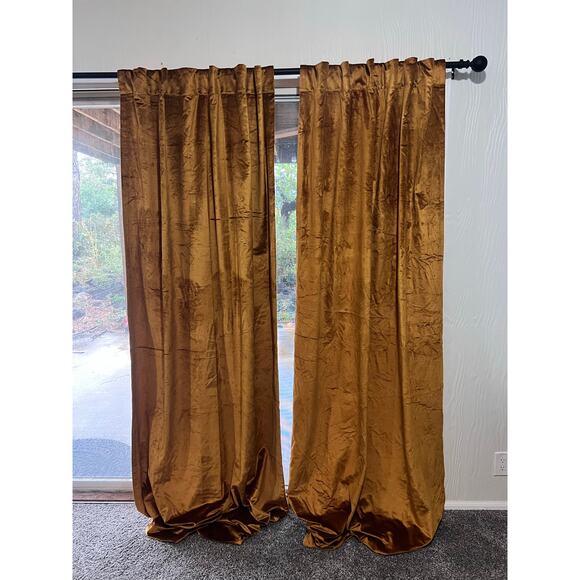 West Elm Luster Velvet Curtains Golden Oak Set of 2 48x96 - Picture 3 of 8